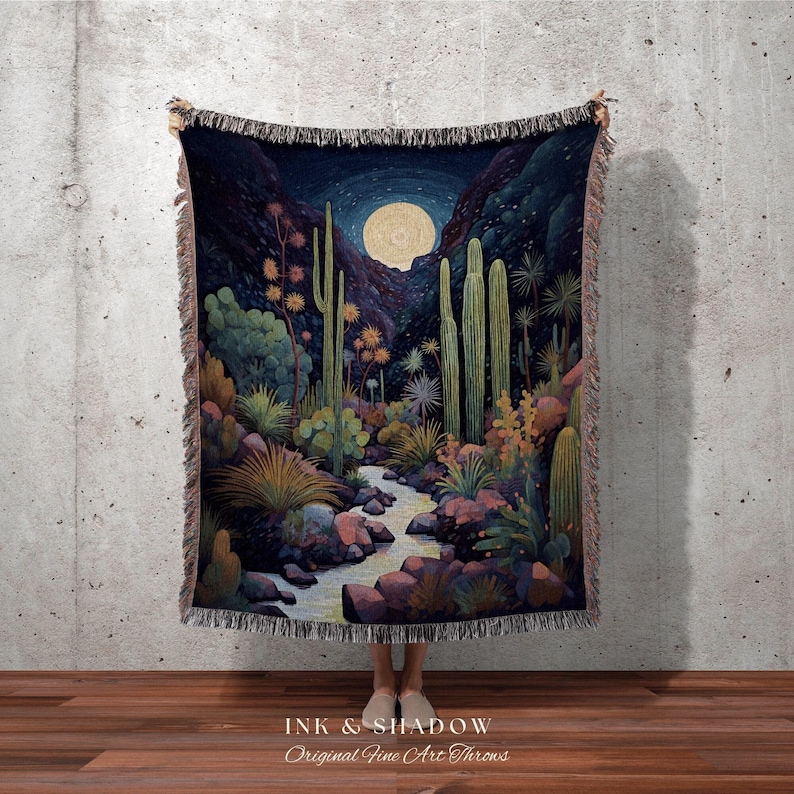 Moonlit Landscape Desert Throw Blanket Woven Tapestry Night Sky Cactus Blanket Desert Night Mystical Blanket Southwestern Boho Blanket Bild 1
