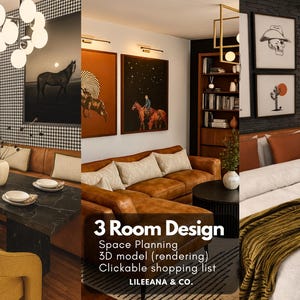 May include: A digital collage of three interior room designs featuring a dining area with a black marble table, a living room with a brown leather sectional sofa, and a bedroom with a white bed, including the text 3 Room Design Space Planning 3D model (rendering) Clickable shopping list LILEEANA & CO.