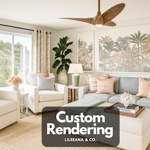 May include: A living room featuring a light gray sofa with peach striped pillows, two white armchairs, a large white ottoman with a Chanel book, a wooden ceiling fan, a tall potted plant, and wall art depicting palm trees. Text reads Custom Rendering LILEEANA & CO.