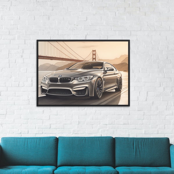 AI Poster Pencil Drawing BMW M4 Sunset Golden Gate Bridge