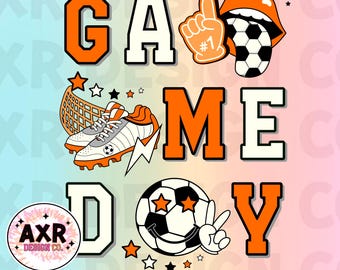 Retro soccer game day png, soccer sublimation design, soccer vibes png, soccer mom png, orange soccer team shirt digital download
