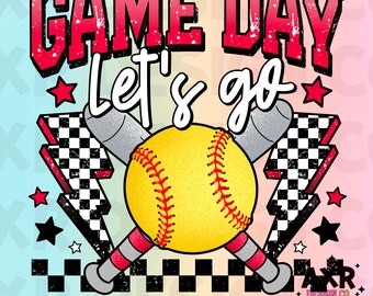 May include: A vibrant graphic design featuring the text "GAME DAY Let's go" in red and white. A yellow softball with red stitching is crossed with two grey and red bats. Black and white chequered lightning bolts and stars complete the design.