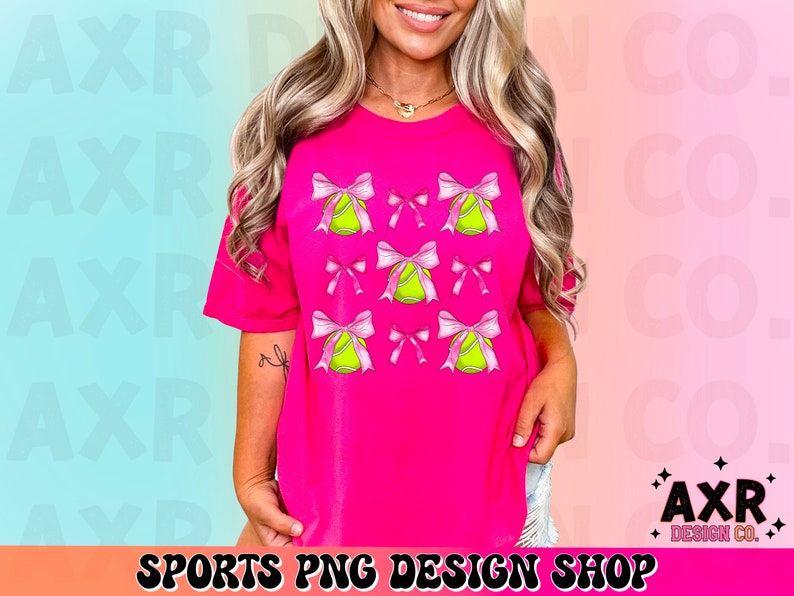May include: A pink t-shirt with a design of pink bows and yellow tennis balls. The text "SPORTS PNG DESIGN SHOP" is at the bottom of the image.