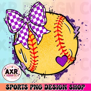 Softball coquette bow png, cute purple and white softball sublimation design, softball game day, custom softball team colors, digital
