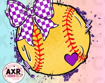 Softball coquette bow png, cute purple and white softball sublimation design, softball game day, custom softball team colors, digital