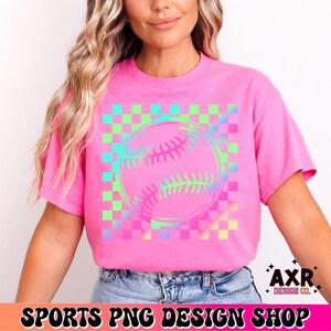 Neon Baseball PNG, Checkered Sports Shirt Design, Retro Baseball Graphic, Trendy Game Day Tee PNG, Sublimation Digital Download image 8
