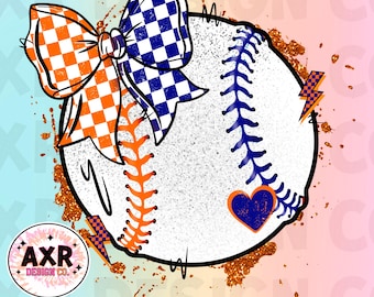 Laço de coquete de beisebol png, design de sublimação de beisebol azul e laranja fofo, dia de jogo de beisebol, cores personalizadas de times de beisebol, digital