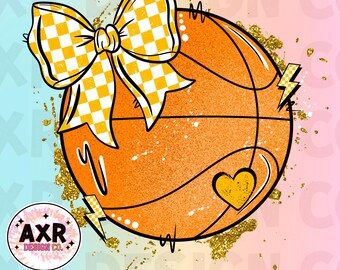 Basketball coquette bow png, cute hand drawn yellow basketball sublimation design, basketball game day, custom basketball team colors