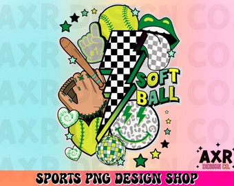 Retro softball collage Png, softball sublimation design, softball season png, green custom color softball png shirt design, digital download