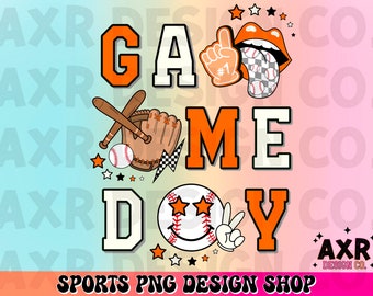 Día del juego de béisbol retro Png, diseño de sublimación de béisbol, temporada de béisbol png, diseño de camiseta de béisbol de color personalizado naranja, descarga digital