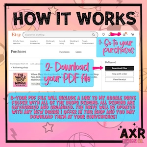 Op de afbeelding: Een screenshot van een Etsy-winkel die laat zien hoe je een digitaal product kunt downloaden. De tekst op het scherm zegt "Ga naar je aankopen", "Download je PDF-bestand" en "Je PDF-bestand bevat een link naar mijn Google Drive-map met alle ontwerpen van de winkel. Alle ontwerpen zijn gecategoriseerd en georganiseerd. De drive wordt bijgewerkt met alle nieuwe ontwerpen die ik in deze winkel aanbied en je kunt ze naar wens downloaden!"