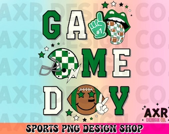 Retro football game day png, football sublimation design, touchdown season png, green and black custom football team colors png