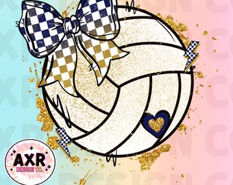 Volleyball coquette bow png, cute blue and gold volleyball sublimation design, volleyball game day, custom volleyball team colors, digital