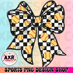 Peut inclure: Un nœud noir et blanc à carreaux avec une texture scintillante. Le nœud est décoré de motifs de softball jaunes et de fleurs blanches. Le nœud est un design numérique et peut être utilisé pour l'artisanat, la sublimation et d'autres projets créatifs.