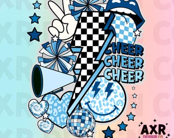 Retro cheer collage png, cheerleading sublimation design, blue cheer team png, all star cheer png, cheer mom png, cute cheer shirt design