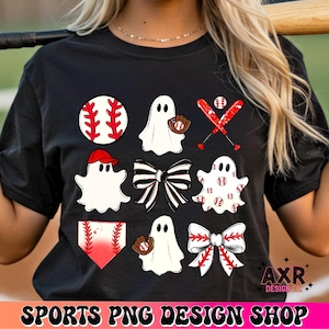 May include: A black t-shirt featuring a graphic print of white ghosts, baseballs, red bats, and black and white bows. The design includes a ghost wearing a red baseball cap, a ghost holding a baseball glove, and a ghost patterned with baseballs.