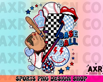 Retro baseball collage png, baseball sublimation design, baseball game day png, red white and blue custom baseball team colors png