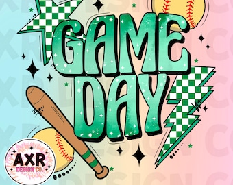 Retro softball game day Png, softball sublimation design, softball season png, green custom color softball shirt design, softball mama png