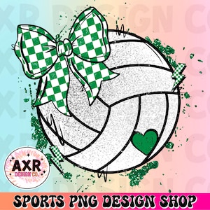 May include: A volleyball design featuring a green and white chequered bow, green heart, and lightning bolts. The volleyball is white with black lines and a glittery texture. The text "SPORTS PNG DESIGN SHOP" is at the bottom.