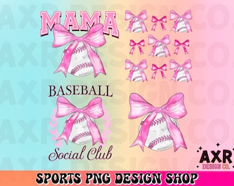 Coquette bow baseball png bundle, baseball mama png, clube social de beisebol png, design de camisa rosa coquette arco, garota de beisebol na moda png