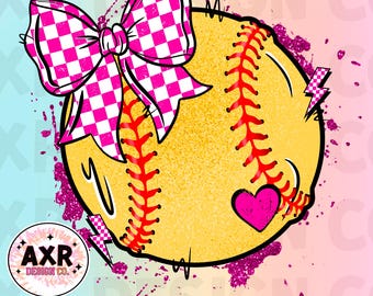 Softball coquette bow png, cute pink and white softball sublimation design, softball game day, custom softball team colors, digital