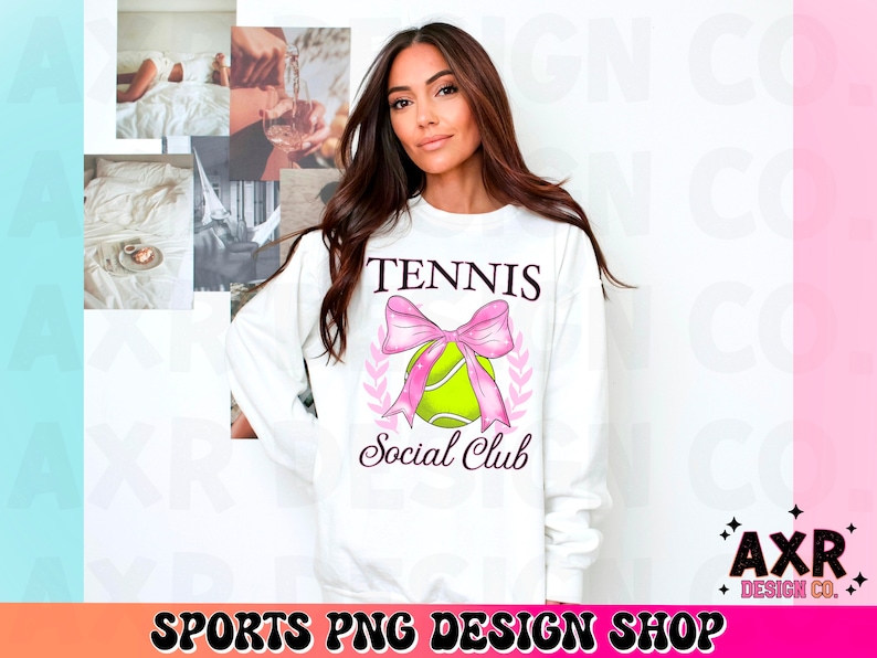May include: A white sweatshirt with a pink bow and a tennis ball graphic. The text "Tennis Social Club" is printed on the front of the sweatshirt.