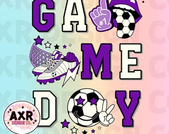 Dia de jogo de futebol retrô png, design de sublimação de futebol, vibrações de futebol png, mãe de futebol png, camisa de time de futebol roxa download digital