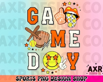Retro softball game day Png, softball sublimation design, softball season png, orange custom color softball shirt design, digital download