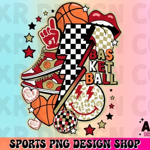 K&ouml;nnte beinhalten: Ein lebendiges Grafikdesign mit Basketball-Elementen. Enth&auml;lt einen Basketball, Turnschuhe, einen Schaumstoff-Finger, Lippen, einen Blitz und Sterne. Das Wort "BASKETBALL" wird angezeigt. Das Design hat ein Retro-Sport-Thema.