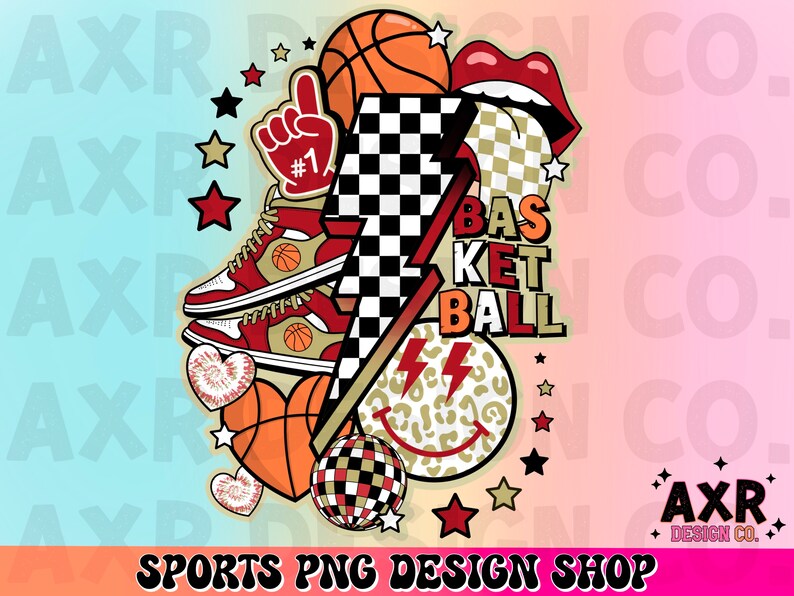 K&ouml;nnte beinhalten: Ein lebendiges Grafikdesign mit Basketball-Elementen. Enth&auml;lt einen Basketball, Turnschuhe, einen Schaumstoff-Finger, Lippen, einen Blitz und Sterne. Das Wort "BASKETBALL" wird angezeigt. Das Design hat ein Retro-Sport-Thema.