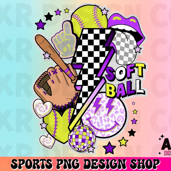 Retro softball collage Png, softball sublimation design, softball season png, purple custom color softball shirt design, digital download