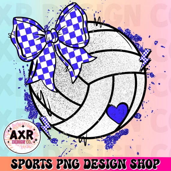 Volleyball coquette bow png, cute blue and white volleyball sublimation design, volleyball game day, custom volleyball team colors, digital