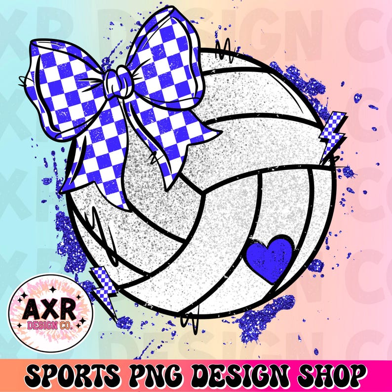 Op de afbeelding: Een witte volleybal met een blauw-wit geblokte strik erop. De volleybal heeft een blauw hart erop en is omringd door blauwe glitter. De achtergrond is een regenboog van kleuren.