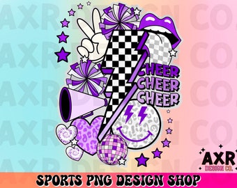 Retro cheer collage png, cheerleading sublimation design, purple cheer team png, all star cheer png, cheer mom png, cute cheer shirt design