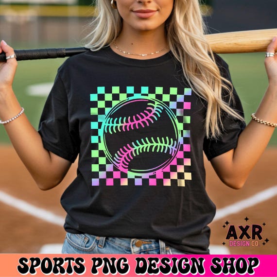 Neon Baseball PNG, Checkered Sports Shirt Design, Retro Baseball Graphic, Trendy Game Day Tee PNG, Sublimation Digital Download