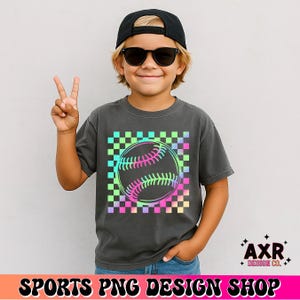 Neon Baseball PNG, Checkered Sports Shirt Design, Retro Baseball Graphic, Trendy Game Day Tee PNG, Sublimation Digital Download image 5