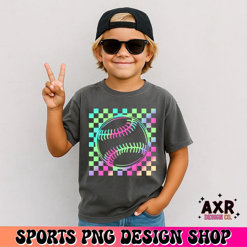 Neon Baseball PNG, Checkered Sports Shirt Design, Retro Baseball Graphic, Trendy Game Day Tee PNG, Sublimation Digital Download image 5