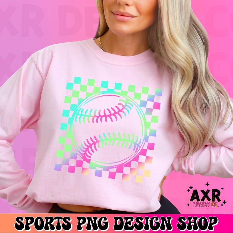 Neon Baseball PNG, Checkered Sports Shirt Design, Retro Baseball Graphic, Trendy Game Day Tee PNG, Sublimation Digital Download image 3