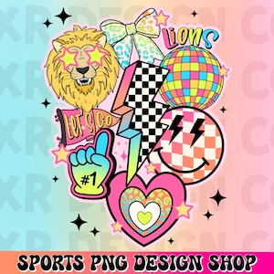 Lions preppy mascot png, retro Lions mascot school spirit design, retro Lions sublimation, sports team mascot shirt digital print