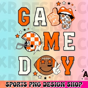 Retro football game day png, football sublimation design, touchdown season png, orange and black custom football team colors png