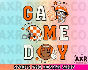 Retro football game day png, football sublimation design, touchdown season png, orange and black custom football team colors png