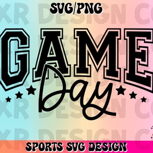 May include: Black and white graphic design with the text "GAME DAY" in a bold, blocky font. The text "GAME" is in a larger font size than the text "DAY". The text "DAY" is in a cursive font. There are five small stars around the text.