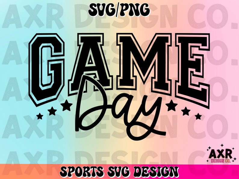 May include: Black and white graphic design with the text "GAME DAY" in a bold, blocky font. The text "GAME" is in a larger font size than the text "DAY". The text "DAY" is in a cursive font. There are five small stars around the text.
