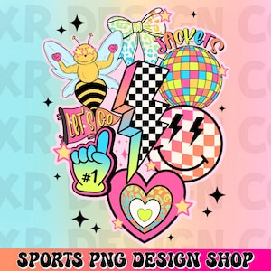 Puede incluir: Un diseño gráfico colorido con una abeja, un corazón, una cara sonriente, una bola de discoteca, un rayo y una pancarta que dice "Let's Go".