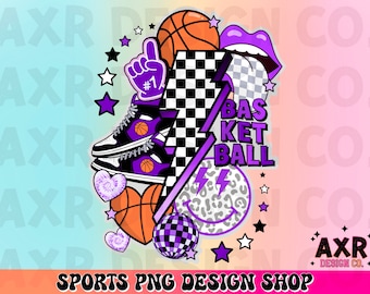 Retro Basketball Collage Png, Basketball Sublimationsdesign, Basketballsaison PNG, lila benutzerdefinierte Farbe Basketball Png Shirt Design