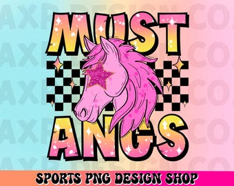 Mascota preppy de Mustangs png, diseño de espíritu escolar de la mascota de Mustangs, diseño de sublimación retro de Mustangs, impresión digital de camiseta de mascota de equipo deportivo