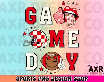 Op de afbeelding: Een rood, wit en zwart grafisch ontwerp met de woorden "GAME DAY" in grote, vetgedrukte letters. Het ontwerp bevat een voetbalhelm, een voetbal en een hand met een omhoog wijzende vinger. De tekst "#1" staat op de hand. Het ontwerp is op een roze en blauwe achtergrond.