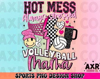 Hot mess always stressed volleyball mama png, retro volleyball sublimation design, pink volleyball mom png, Stanley tumbler inspired png
