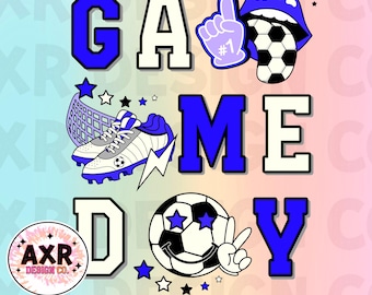 Dia de jogo de futebol retrô png, design de sublimação de futebol, vibrações de futebol png, mãe de futebol png, camisa de time de futebol azul download digital