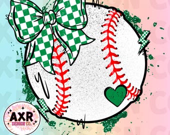 Baseball coquette bow png, cute green and white baseball sublimation design, baseball game day, custom baseball team colors, digital